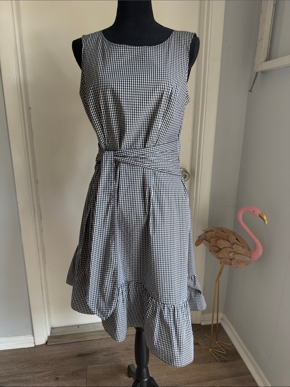 INC International Concepts Black and White Gingham Tie-Waist Midi Dress size 10